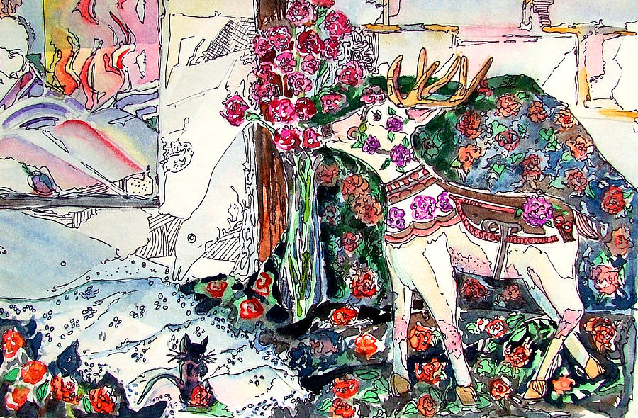 Deer and Roses Painting by Mindy Newman