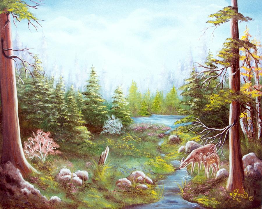 Deer and Stream Painting by Joni McPherson