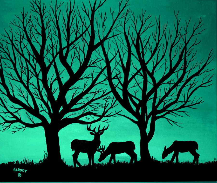 Deer at Sunset, Green Painting by Ralph Root