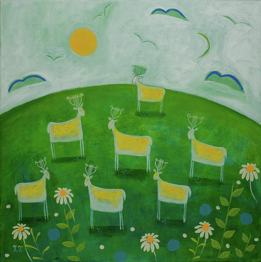 Deer-fairies II Painting by Teodora Totorean