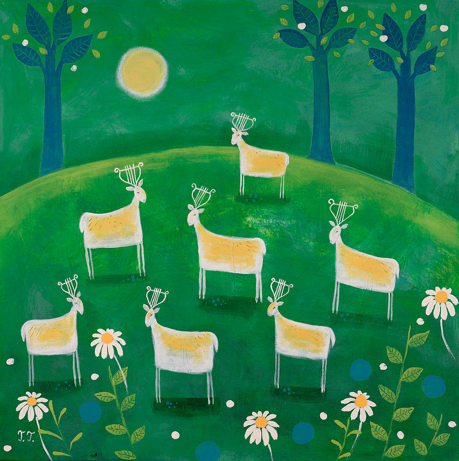 Deer-Fairies Painting by Teodora Totorean