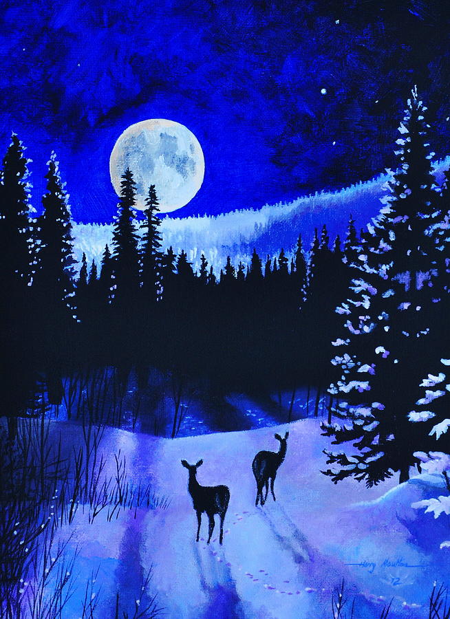 Deer in Moonlight Painting by Harry Moulton