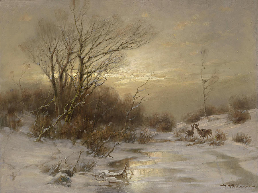 Deer in winter landscape by Desire Thomassin Rehe in Winterlandschaft Painting by Movie Poster Prints
