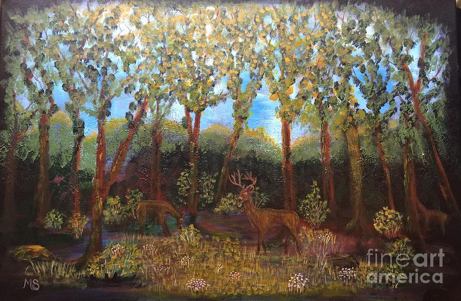 Deer In Woods Painting by Monika Shepherdson