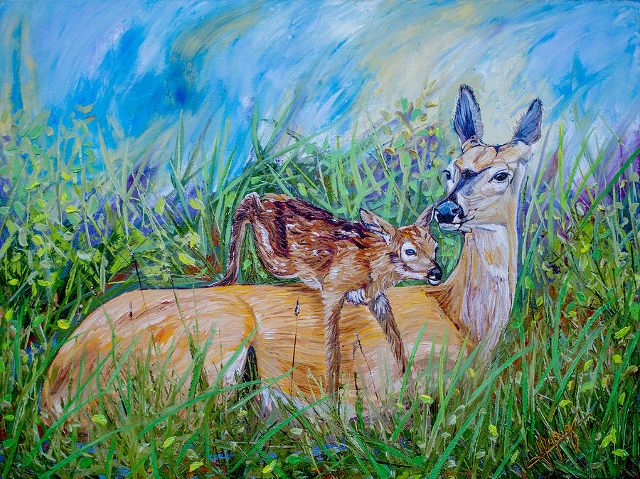 Yellowstone National Park Painting - Deer Mom and babe 24x18x1 oil on gallery canvas by Manuel Lopez