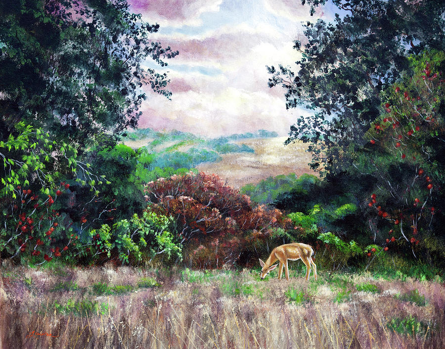 Deer on a Hilltop Vista Painting by Laura Iverson