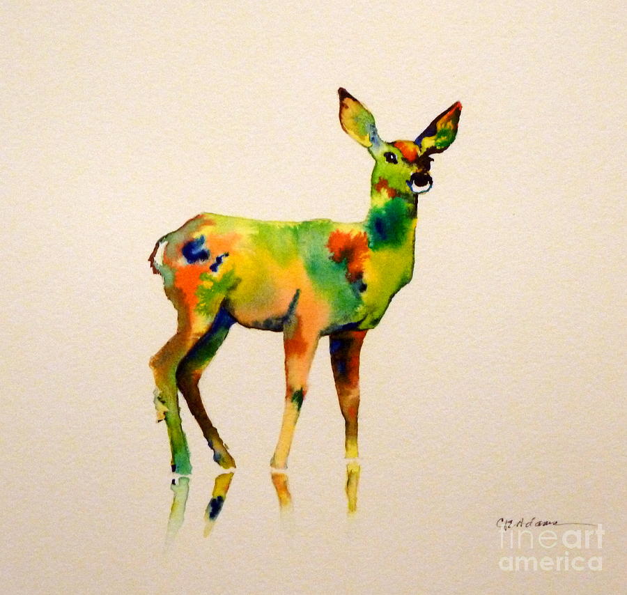 Deer Reflecting Painting by Cheryl Emerson Adams
