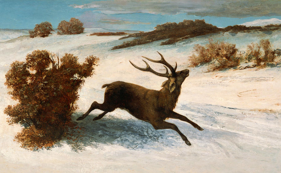 Deer Running in the Snow Painting by Gustave Courbet