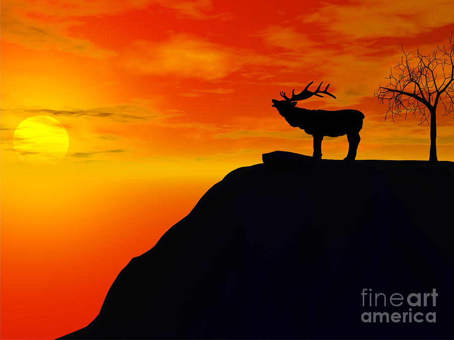 Deer silhouette with sunset behind illustration by Goce Risteski