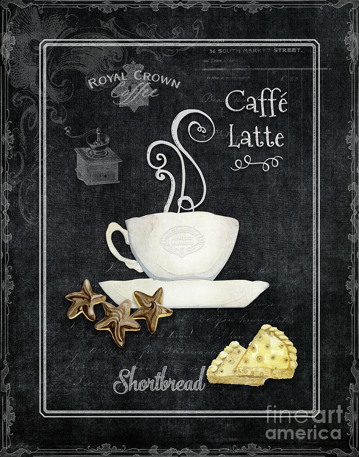 Deja Brew Chalkboard Coffee 2 Caffe Latte Shortbread Chocolate cookies Painting by Audrey Jeanne Roberts