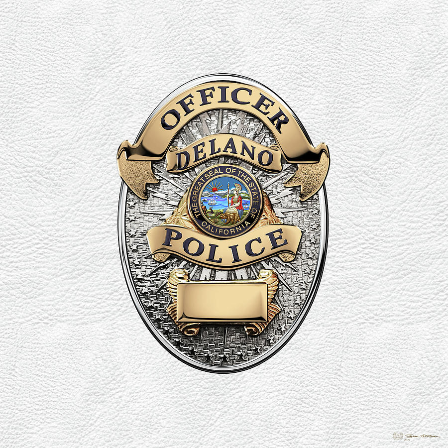 Delano Police Department - Officer Badge over White Leather Digital Art by Serge Averbukh