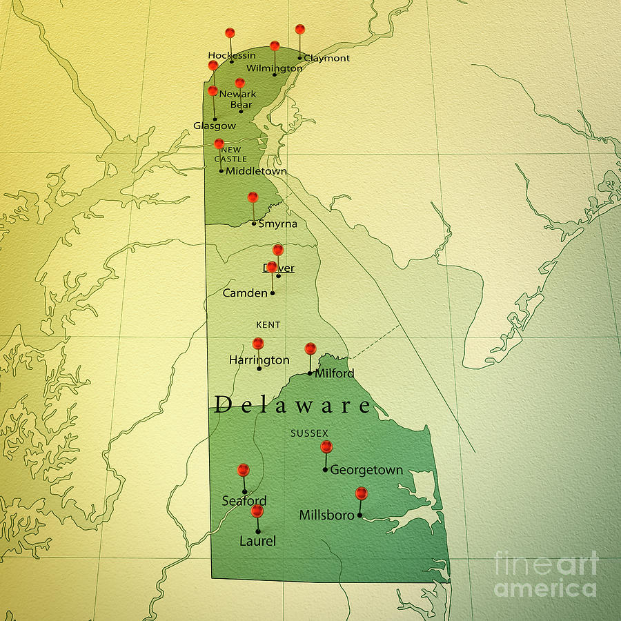 Delaware Map Square Cities Straight Pin Vintage Digital Art by Frank Ramspott