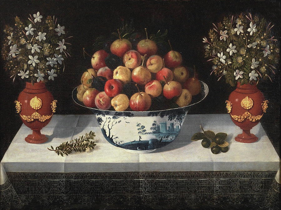 Nature Painting - Delft Fruit Bowl And Two Vases Of Flowers by Hiepes Tomas