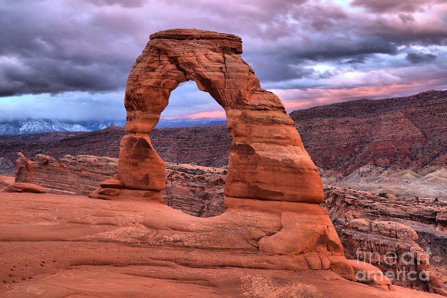 Delicate Arch Winter Stormy Skies Photograph by Adam Jewell