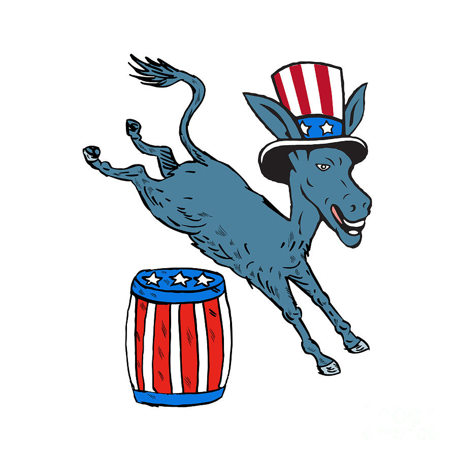Donkey Digital Art - Democrat Donkey Mascot Jumping Over Barrel Cartoon by Aloysius Patrimonio