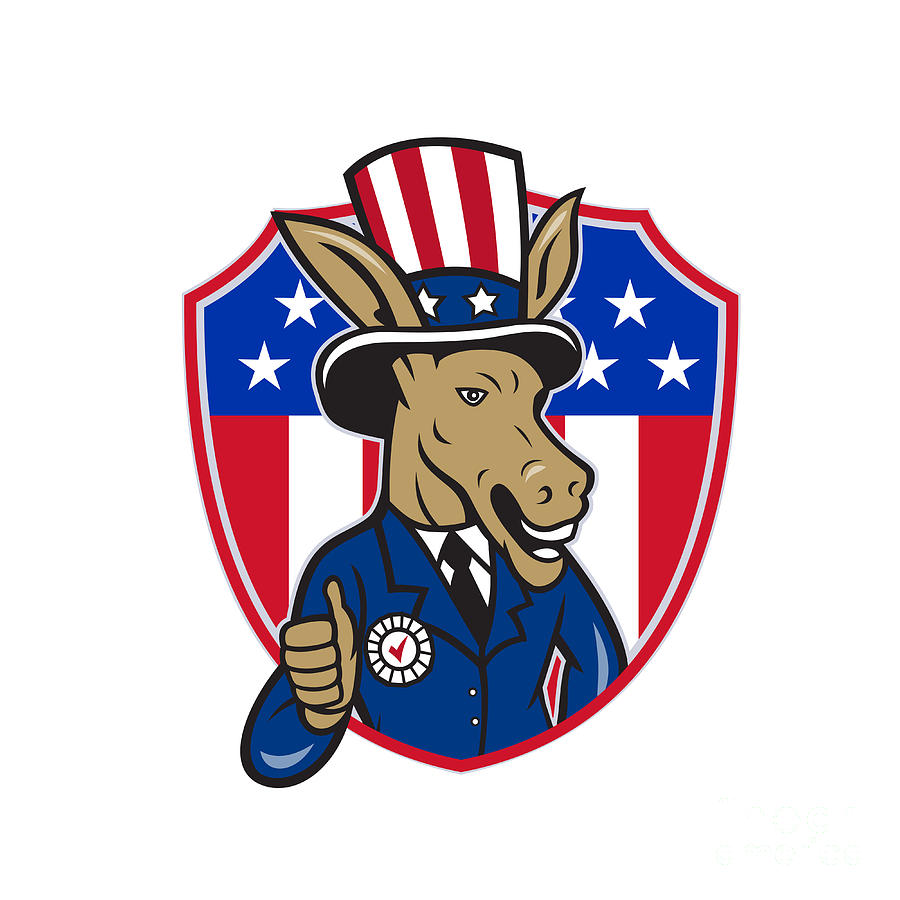 Donkey Digital Art - Democrat Donkey Mascot Thumbs Up Flag Cartoon by Aloysius Patrimonio