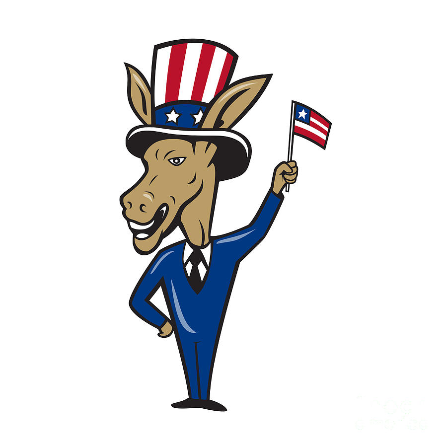 Donkey Digital Art - Democrat Donkey Mascot Waving Flag Cartoon by Aloysius Patrimonio