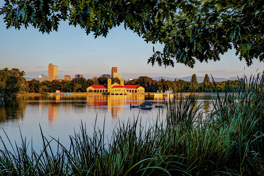 Denver Skyline City Park Reflections At Sunrise Photograph