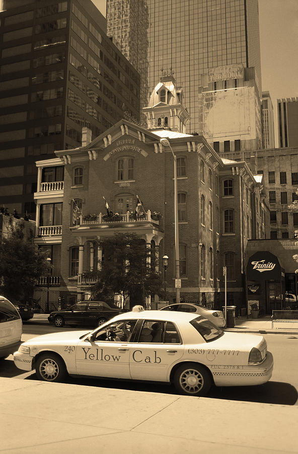 Denver Downtown with Yellow Cab Sepia Photograph by Frank Romeo