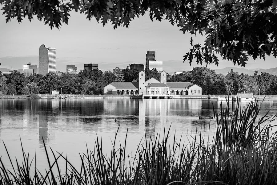 Denver Morning Skyline City Reflections - City Park View - Black and White Photograph by Gregory Ballos