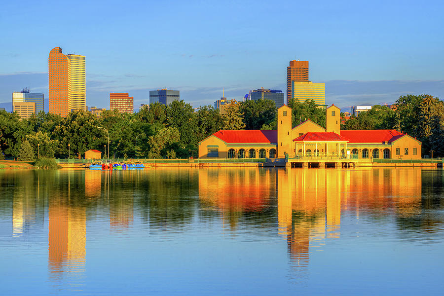 Denver Skyline and City Park Lake Reflections Photograph by Gregory Ballos