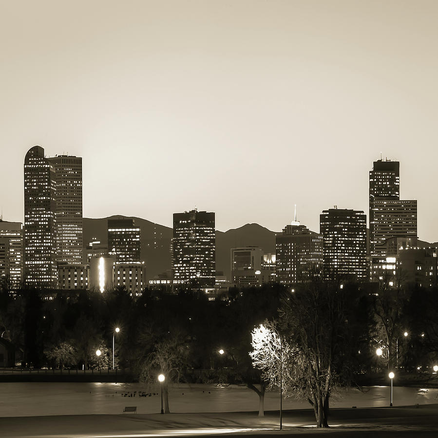 Denver Photograph - Denver Skyline and Rocky Mountains - Square Art Sepia by Gregory Ballos
