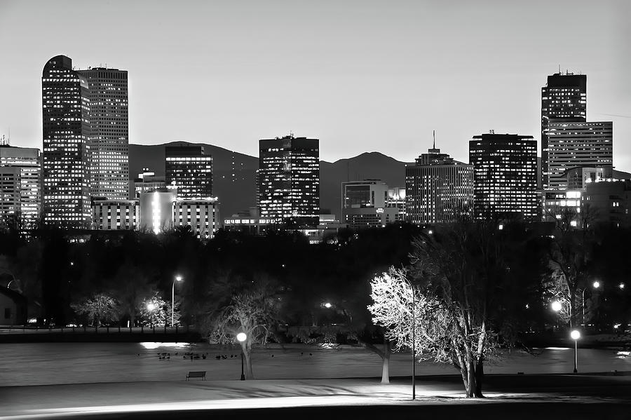 Denver Skyline at Dawn - Black and White Photograph by Gregory Ballos