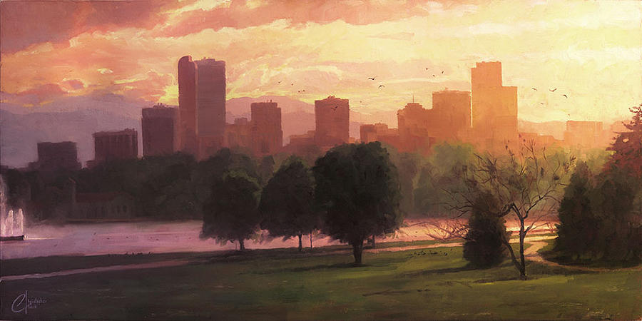 Impressionism Painting - Denver Skyline from City Park by Christopher Clark