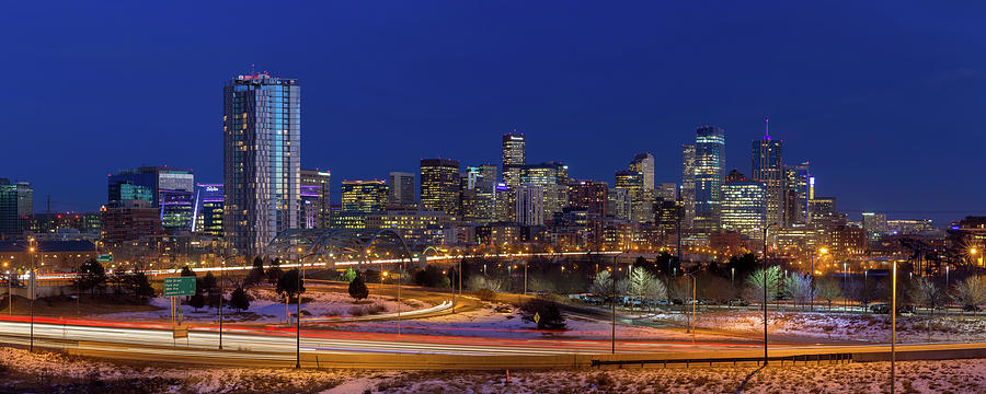 Denver Photograph - Denver Skyline Panorama at Blue Hour by Bridget Calip