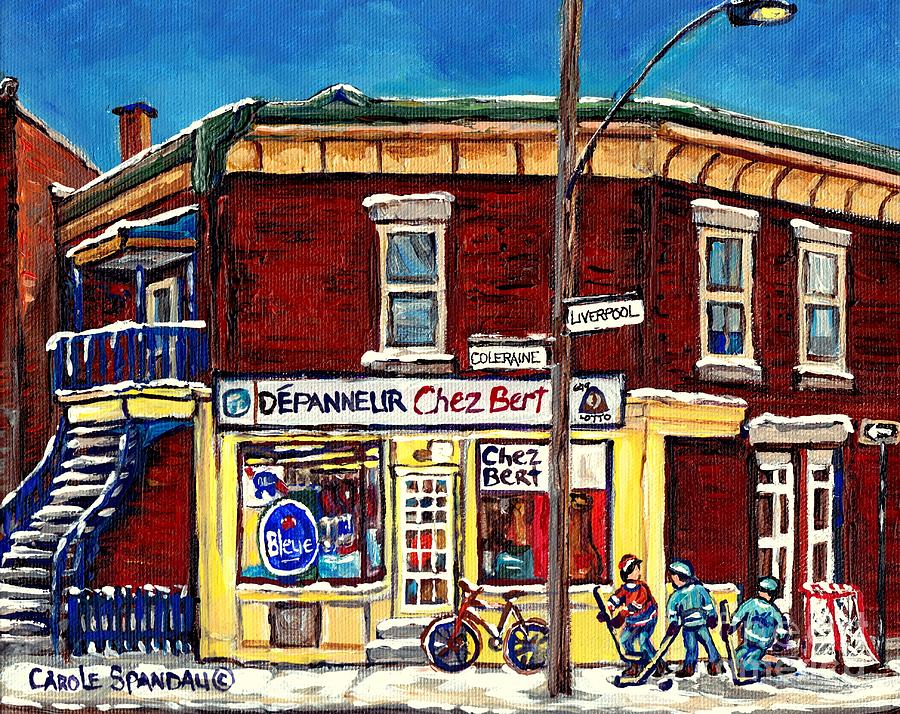 Depanneur Chez Bert Montreal Winter Scenes Hockey Art Canadian Paintings Carole Spandau             Painting by Carole Spandau