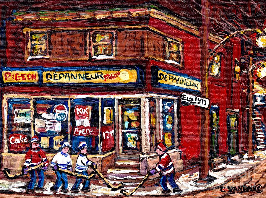Depanneur Pigeon Street Hockey Night Scene Winter In The Old Neighborhood Verdun Paintings Best Art Painting by Carole Spandau