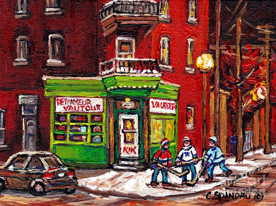 Hockey Painting - Depanneur Vautour Winter Night Hockey Game Near Glowing Street Lights St Henri Painting Montreal Art by Carole Spandau