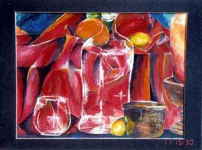 Abstract Painting - Deranged Still Life MY EYE OPENER by Amanda Sanford