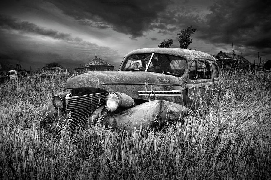 Derelict Vintage Auto in Black and White Photograph by Randall Nyhof