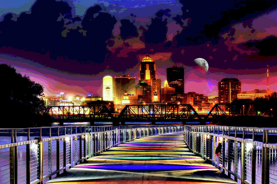 Des Moines Grays Bridge Nightscape Digital Art by Mary Clanahan