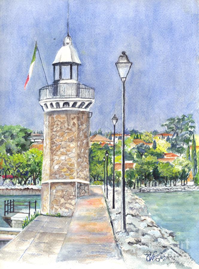 Desanzano Lighthouse and Marina on Southern coast of Lake Garda Italy Painting by Carol Wisniewski