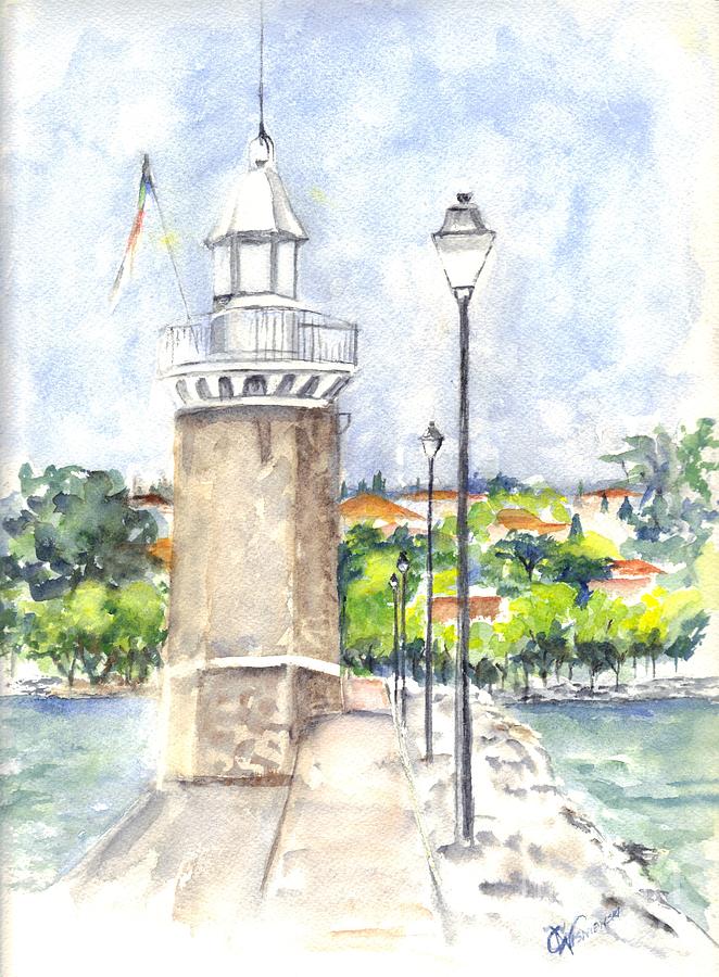 Desenzenzo Lighthouse and Marina in Italy Painting by Carol Wisniewski