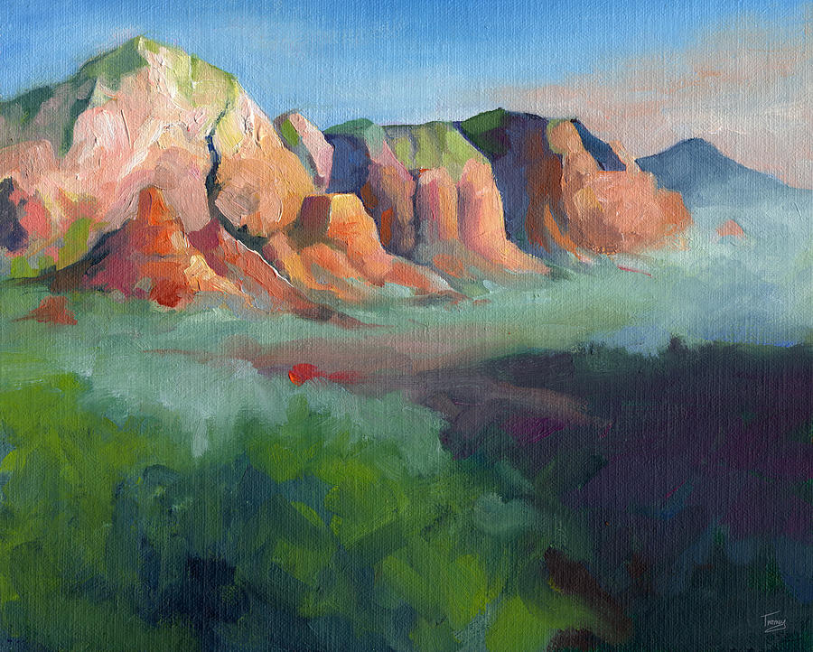 Desert Afternoon Mountains Sky and Trees Painting by Catherine Twomey
