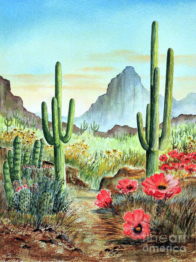 Saguaro National Park Painting - Desert Cacti - After The Rains by Bill Holkham