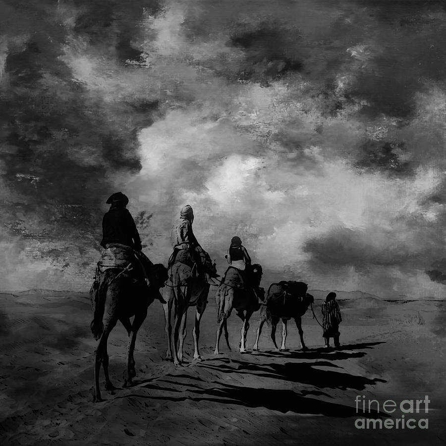 Camel Painting - Desert Caravan B and W by Gull G