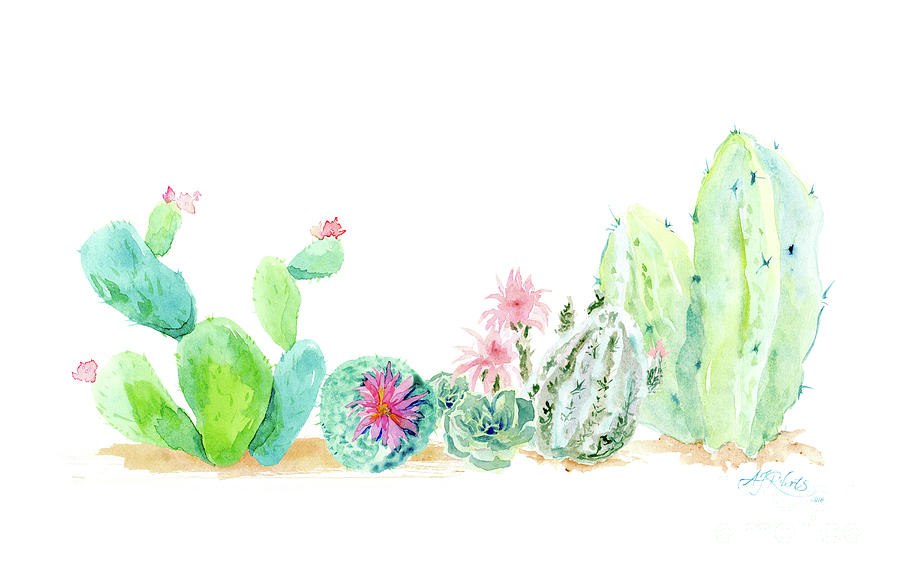 Desert In Bloom 2, Watercolor Desert Cacti N Succulents Painting by