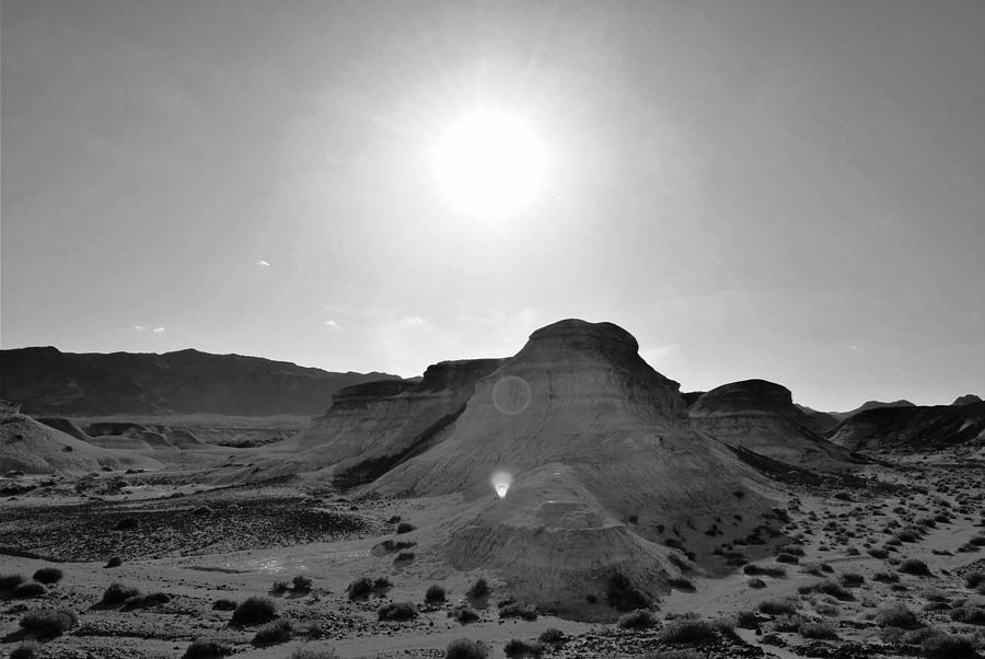 Nature Photograph - Desert Rocks Sun Flare Black and White by Matt Quest