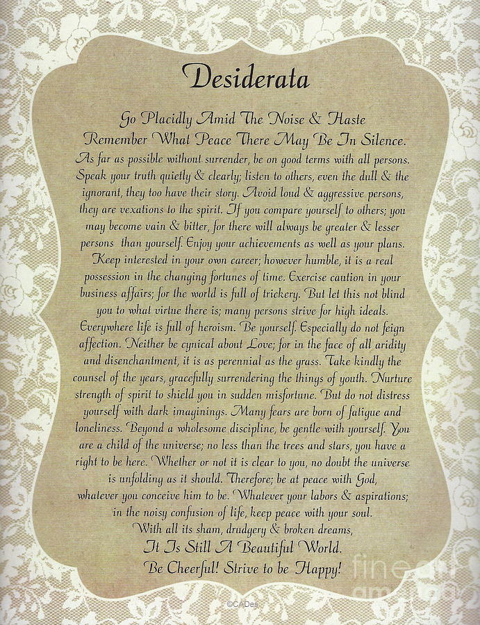 Inspirational Painting - Desiderata on Burlap and Lace by Desiderata Gallery