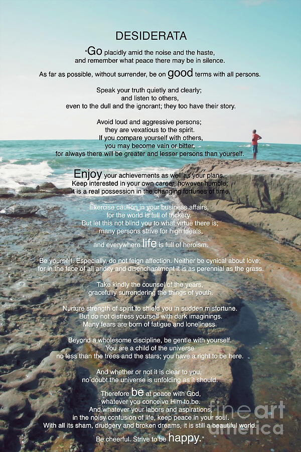 Desiderata Poem by Max Ehrmann over the Ocean and Rocks by Claudia Ellis Photograph by Claudia Ellis