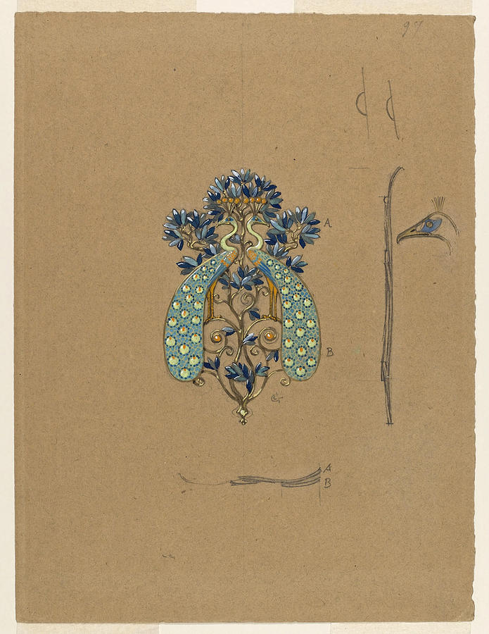 Design for a Belt Buckle with Peacock Motif Drawing by Eugene Samuel Grasset