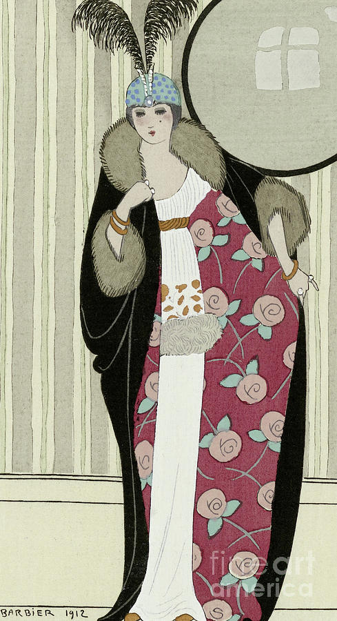 Georges Barbier Drawing - Design for dress made from Crepe de Chine and Fur Coat by Georges Barbier