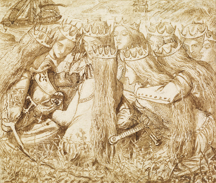 Design for Moxons Tennyson - King Arthur and the Weeping Queens Drawing by Dante Gabriel Rossetti