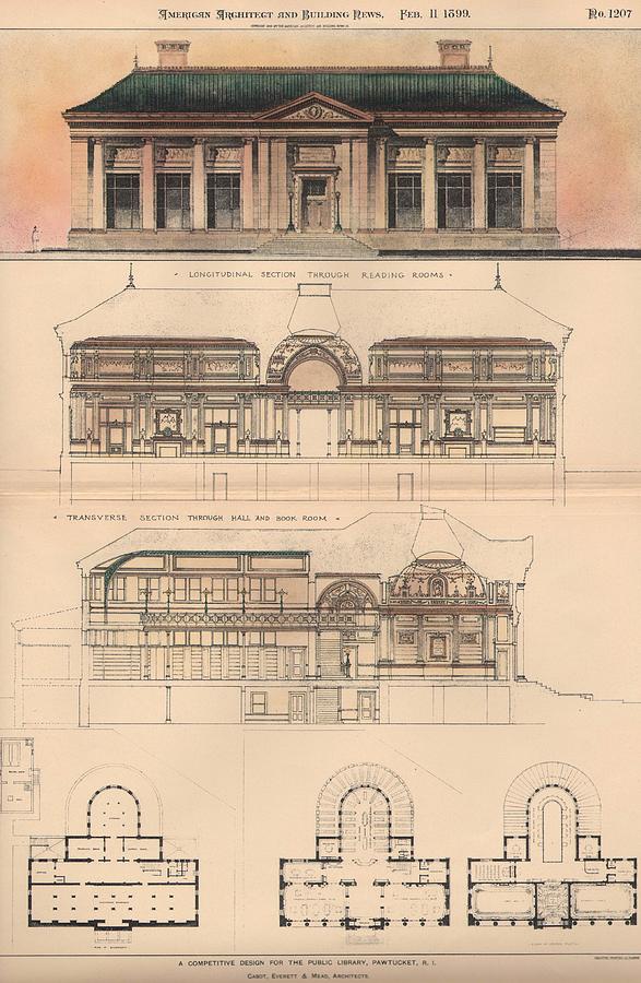 Design for the Public Library. Pawtucket RI. 1899 Painting by Cabot and Everett and Mead