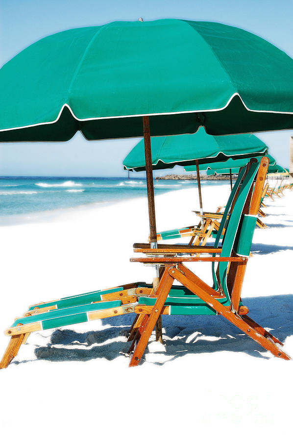 Destin Florida Beach Chairs and Green Umbrella Vertical Diffuse Glow Digital Art Photograph by Shawn OBrien