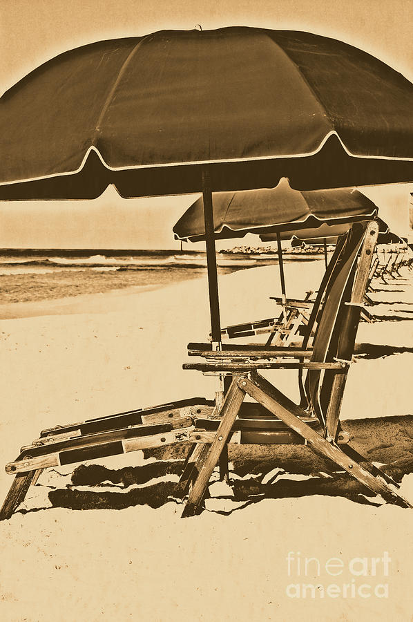 Destin Florida Beach Chairs and Green Umbrella Vertical Rustic Digital Art Photograph by Shawn OBrien
